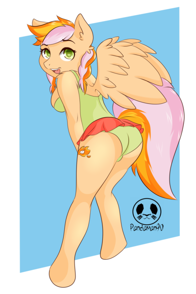 Size: 2894x4341 | Tagged: safe, artist:panda-man90, author:bigonionbean, derpibooru import, cheerilee, spitfire, oc, oc:learning curve, anthro, earth pony, pegasus, pony, unguligrade anthro, butt, clothes, commissioner:bigonionbean, cutie mark, female, fusion, fusion:learning curve, image, looking at you, looking back, mare, one-piece swimsuit, pigtails, png, skirt, skirt lift, swimsuit, wings