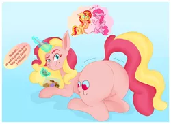 Size: 7072x5152 | Tagged: safe, artist:moonsacher, author:bigonionbean, derpibooru import, pinkie pie, sunset shimmer, oc, oc:sunbutter cookies, earth pony, pony, unicorn, bag, butt, butt shake, candy, commissioner:bigonionbean, cookie, cutie mark, dialogue, eating, female, flank, food, fusion, fusion:sunbutter cookies, horn, image, looking at you, lying down, magic, mare, pinkie sense, plot, png, prone, sweets, thought bubble