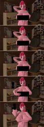 Size: 1200x3395 | Tagged: suggestive, artist:kamimation, derpibooru import, pinkie pie, anthro, earth pony, 3d, bait and switch, bedroom eyes, belly button, big breasts, breaking the fourth wall, breasts, busty pinkie pie, censor bar, censored, comic strip, covering, covering breasts, eyes closed, grin, huge breasts, image, jpeg, looking at you, middle finger, nudity, pinkie being pinkie, revamped anthros, smiling, source filmmaker resource, teasing, vulgar