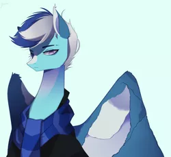 Size: 2118x1943 | Tagged: safe, artist:clefficia, derpibooru import, oc, oc:wind storm, pegasus, pony, blue background, clothes, image, jpeg, male, scarf, simple background, solo, stallion