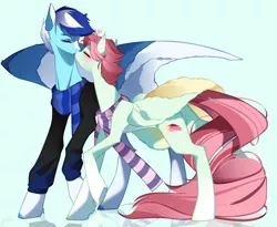 Size: 2118x1736 | Tagged: safe, artist:clefficia, derpibooru import, oc, oc:celestial star, oc:wind storm, pegasus, pony, clothes, female, image, jpeg, kissing, male, mare, scarf, simple background, stallion