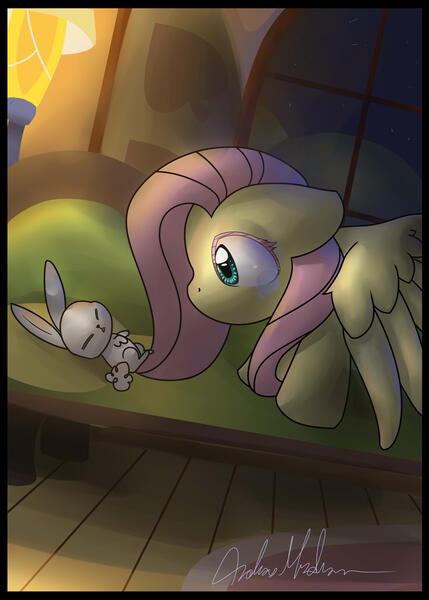 Size: 1500x2100 | Tagged: safe, artist:nerow94, derpibooru import, angel bunny, fluttershy, pegasus, pony, rabbit, animal, duo, female, floppy ears, image, indoors, jpeg, looking at someone, looking down, mare, spread wings, teary eyes, wings, wings down, worried