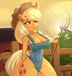 Size: 3080x3232 | Tagged: suggestive, artist:witchtaunter, derpibooru import, applejack, anthro, earth pony, barn, big breasts, breasts, busty applejack, chest fluff, cleavage, clothes, denim, ear fluff, eyebrows, eyebrows visible through hair, farm, female, fence, green eyes, hat, image, lidded eyes, one-piece swimsuit, overalls, pitchfork, png, solo, solo female, sunset, swimsuit, tree, wide hips