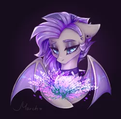 Size: 2455x2427 | Tagged: safe, artist:march, derpibooru import, oc, oc:poisoned calluna, unofficial characters only, bat, bat pony, pony, collar, ear piercing, eyebrow piercing, female, flower, image, piercing, png, solo, spiked collar
