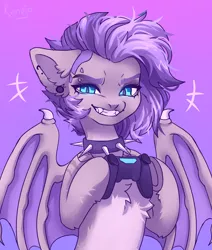 Size: 3000x3542 | Tagged: safe, artist:konejo, derpibooru import, oc, oc:poisoned calluna, unofficial characters only, bat, bat pony, pony, chest fluff, collar, controller, ear fluff, ear piercing, eyebrow piercing, fangs, female, image, piercing, png, smiling, solo, spiked collar, spread wings, wings