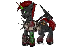 Size: 1152x768 | Tagged: semi-grimdark, artist:leastways, derpibooru import, oc, pony, unicorn, fallout equestria, axe, blood, commission, horn, image, png, raider, raider armor, signature, simple background, transparent background, weapon