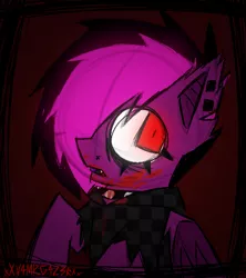 Size: 1120x1262 | Tagged: grimdark, artist:xxv4mp_g4z3rxx, derpibooru import, oc, oc:violet valium, unofficial characters only, bat pony, pony, undead, vampire, vampire bat pony, bat pony oc, bat wings, blood, collar, fangs, female, image, implied murder, mare, png, red eyes, signature, solo, spiked collar, wings