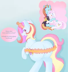 Size: 6419x6777 | Tagged: safe, artist:moonsacher, author:bigonionbean, derpibooru import, fleur-de-lis, sassy saddles, oc, oc:exquisite attire, pony, unicorn, blushing, butt, commissioner:bigonionbean, crying, cutie mark, dialogue, embarrassed, female, flank, fusion, fusion:exquisite attire, hug, hugging a pony, image, large butt, magic, mare, measuring tape, plot, png, shocked, thought bubble