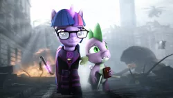 Size: 7680x4320 | Tagged: safe, artist:lagmanor, derpibooru import, spike, twilight sparkle, alicorn, dragon, 3d, absurd file size, absurd resolution, bag, blurry background, book, building, burning, city, city 17, cityscape, combine, crossover, crowbar, debris, dirt, dirty, dust, ears, eyebrows, fire, fog, glasses, half-life, helicopter, hev suit, holding, horn, image, lambda, looking sideways, magic, magic aura, mane, png, ruins, sad, scared, source filmmaker, sunlight, telekinesis, wall of tags