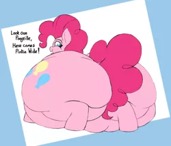 Size: 1400x1200 | Tagged: suggestive, artist:thewindking, derpibooru import, pinkie pie, earth pony, pony, balloonbutt, belly, belly on floor, big belly, butt, chubby, chubby cheeks, fat, huge belly, huge butt, image, impossibly large belly, impossibly large butt, large belly, large butt, looking back, obese, open mouth, piggy pie, png, pudgy pie, simple background, text, wide hips