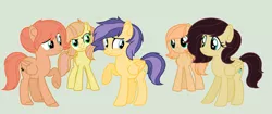 Size: 1280x537 | Tagged: safe, artist:dawnthebarrel, artist:elementbases, derpibooru import, oc, oc:apple rose, oc:archer, oc:crystal, oc:orchid dawn, oc:peach, unofficial characters only, earth pony, pegasus, pony, base used, female, freckles, green background, half-siblings, image, offspring, parent:big macintosh, parent:braeburn, parent:fluttershy, parent:king sombra, parents:braeshy, parents:flutterflash, parents:fluttermac, parents:sombrashy, png, siblings, simple background, sisters