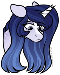 Size: 578x718 | Tagged: safe, artist:pink-pone, derpibooru import, oc, oc:moonlight melody, unofficial characters only, pony, unicorn, bags under eyes, broken horn, bust, eye clipping through hair, eyebrows, eyebrows visible through hair, female, frown, horn, image, looking down, mare, png, simple background, solo, transparent background, unicorn oc