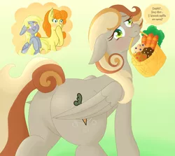 Size: 6744x6016 | Tagged: safe, artist:moonsacher, author:bigonionbean, derpibooru import, carrot top, derpy hooves, golden harvest, oc, oc:clumsy carrot, earth pony, pegasus, pony, basket, carrot, commissioner:bigonionbean, embarrassed, female, food, fusion, fusion:clumsy carrot, image, looking at you, looking back, mare, muffin, png, shocked, thought bubble