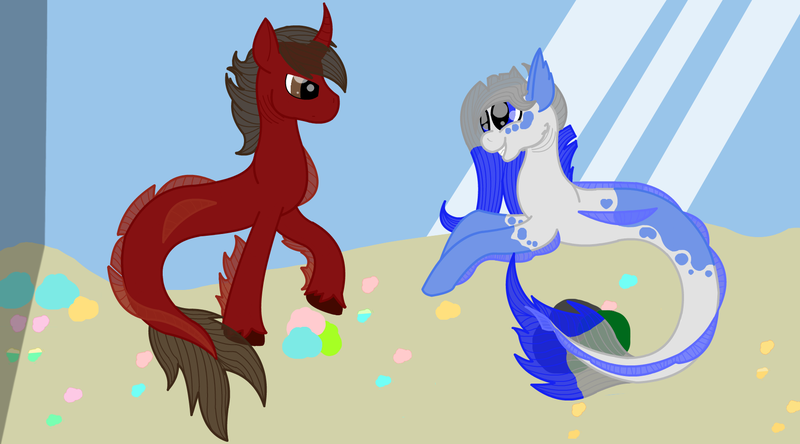 Size: 1800x1000 | Tagged: safe, artist:ahaintthatbad, derpibooru import, oc, unofficial characters only, hybrid, merpony, pony, seapony (g4), unicorn, annoyed, dorsal fin, female, fins, fish tail, flowing mane, horn, image, looking at each other, looking at someone, male, mare, png, seaponified, smiling, species swap, stallion, tail, teeth, underwater, water