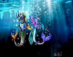 Size: 1860x1454 | Tagged: safe, artist:hills-to-sky, derpibooru import, oc, unofficial characters only, hybrid, merpony, pony, seapony (g4), unicorn, armor, bubble, crepuscular rays, digital art, dorsal fin, female, fins, fish tail, guard, helmet, horn, image, jewelry, long horn, male, mare, mermaid tail, necklace, ocean, pearl necklace, png, signature, stallion, sunlight, tail, trident, underwater, water