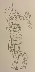 Size: 1496x3071 | Tagged: safe, artist:lunahazacookie, derpibooru import, applejack, equestria girls, boots, clothes, coils, duo, female, hat, hypno eyes, image, jpeg, kaa, kaa eyes, lineart, male, shoes, traditional art