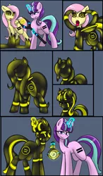 Size: 2399x4096 | Tagged: safe, artist:askhypnoswirl, derpibooru import, fluttershy, starlight glimmer, goo, goo pony, original species, pegasus, pony, unicorn, :p, character to character, comic, duo, ear penetration, equalized, eyebrows, eyebrows visible through hair, eyes closed, eyes rolling back, female, folded wings, high res, hypno eyes, hypnosis, hypnotized, image, kaa eyes, lidded eyes, looking at you, mare, no eyes, no mouth, open mouth, penetration, png, potion, race swap, s5 starlight, self paradox, self ponidox, sex, simple background, smiling, smirk, tongue out, transformation, transformation sequence, wings, yellow eyes