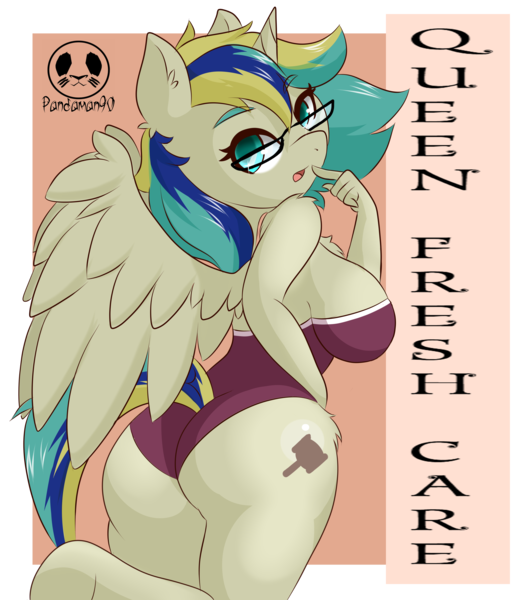 Size: 3583x4093 | Tagged: suggestive, artist:panda-man90, author:bigonionbean, derpibooru import, carrot top, derpy hooves, golden harvest, mayor mare, minuette, oc, oc:queen fresh care, alicorn, anthro, pony, unguligrade anthro, alicorn oc, background, breasts, bust, butt, clothes, commissioner:bigonionbean, cutie mark, female, flank, fusion, fusion:queen fresh care, glasses, horn, image, looking at you, looking back, mare, one-piece swimsuit, plot, png, swimsuit, wings