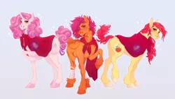 Size: 1295x734 | Tagged: safe, artist:traceofstardust, apple bloom, scootaloo, sweetie belle, earth pony, pegasus, pony, unicorn, alternate cutie mark, alternate hairstyle, bandage, bow, cape, clothes, cmc cape, colored hooves, cutie mark crusaders, eyeshadow, female, freckles, grin, hair bow, hoof fluff, image, looking at you, makeup, mare, older, older apple bloom, older cmc, older scootaloo, older sweetie belle, png, scar, simple background, smiling, smiling at you, sparkles, standing, tail wrap, trio, trio female, unshorn fetlocks