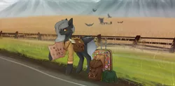 Size: 4134x2039 | Tagged: safe, artist:chrystal2288, derpibooru import, oc, oc:ashy wings (ice1517), unofficial characters only, bird, pegasus, pony, bag, clothes, commission, compass, female, fence, food, grass, hitchhiking, image, jpeg, map, mare, raised hoof, road, saddle bag, scarecrow, shirt, sign, solo, suitcase, wheat, ych result