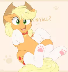 Size: 1215x1300 | Tagged: safe, artist:higgly-chan, derpibooru import, applejack, cat, earth pony, pony, bell, bell collar, clothes, collar, cute, female, floppy ears, image, jackabetes, looking at you, lying down, mare, nya, on back, paw pads, paw socks, png, smiling, socks, solo, stockings, thigh highs, y'all