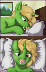 Size: 4094x6299 | Tagged: suggestive, artist:eisky, derpibooru import, oc, oc:eis, oc:pitch, oc:pitch pine, human, pony, unicorn, bed, blushing, drool, drool string, image, jpeg, macro/micro, mawplay, mawshot, mouthplay, open mouth, pillow, salivating, tongue play, tongue wrap, vore, wavy mouth