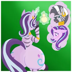 Size: 3543x3543 | Tagged: safe, artist:moonsacher, author:bigonionbean, derpibooru import, starlight glimmer, zecora, oc, oc:voodoo charms, earth pony, pony, unicorn, zebra, blushing, bracelet, butt, commissioner:bigonionbean, cutie mark, ear piercing, earring, embarrassed, female, flank, food, fruit, fusion, fusion:voodoo charms, huge butt, image, jewelry, large butt, magic, mare, necklace, pear, pear shaped, piercing, plot, png, sitting, thought bubble