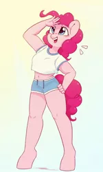 Size: 636x1062 | Tagged: safe, artist:melodylibris, derpibooru import, pinkie pie, anthro, earth pony, pony, unguligrade anthro, belly button, clothes, female, gradient background, hand on hip, image, jpeg, looking up, mare, midriff, open mouth, open smile, shorts, smiling, solo