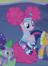 Size: 266x360 | Tagged: safe, derpibooru import, screencap, pinkie pie, rarity, spike, twilight sparkle, dragon, earth pony, pony, scare master, season 5, animated, armor, athena sparkle, clothes, costume, cropped, cute, female, gif, headband, image, mare, nightmare night costume, offscreen character, pinkie puffs, roller skates, shirt, shorts, surprised, t-shirt, tail