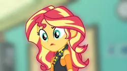 Size: 3416x1920 | Tagged: safe, derpibooru import, edit, edited screencap, editor:itsmgh1203, screencap, sunset shimmer, equestria girls, equestria girls series, forgotten friendship, blurry background, breasts, clothes, confused, cutie mark, cutie mark on clothes, female, geode of empathy, high res, image, jewelry, jpeg, leather, leather vest, magical geodes, necklace, open mouth, solo, upscaled, vest