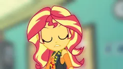 Size: 3416x1920 | Tagged: safe, derpibooru import, edit, edited screencap, editor:itsmgh1203, screencap, sunset shimmer, equestria girls, equestria girls series, forgotten friendship, blurry background, breasts, clothes, confused, cutie mark, cutie mark on clothes, eyes closed, female, geode of empathy, high res, image, jewelry, jpeg, leather, leather vest, magical geodes, necklace, solo, upscaled, vest