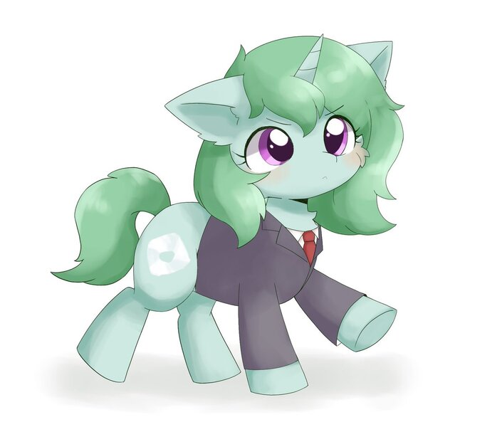 Size: 1200x1021 | Tagged: safe, artist:ginmaruxx, artist:kuzuyukuro, derpibooru import, oc, oc:kazumi, unofficial characters only, pony, unicorn, :<, business suit, clothes, female, floppy ears, horn, image, jpeg, mare, necktie, one ear down, raised hoof, raised leg, simple background, solo, underhoof, walking, white background