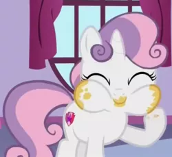 Size: 1050x960 | Tagged: safe, derpibooru import, screencap, sweetie belle, pony, unicorn, 28 pranks later, cake, cute, diasweetes, eyes closed, female, filly, foal, food, image, jpeg, messy eating, puffy cheeks, solo, window