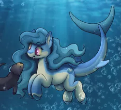 Size: 1651x1500 | Tagged: safe, artist:sursiq, derpibooru import, oc, oc:naomi, original species, otter, pony, shark, shark pony, bubble, eyelashes, female, fish tail, flowing mane, full body, gills, gradient hooves, gradient mane, gradient tail, grin, happy, image, ocean, pink eyes, png, pony oc, shading, shark pony oc, shark tail, sharp teeth, shiny mane, smiling, solo, swimming, tail, teeth, underwater, water, watermark, yellow sclera