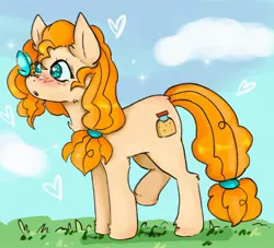 Size: 1938x1758 | Tagged: safe, artist:kittygutzzart, derpibooru import, pear butter, butterfly, earth pony, insect, pony, butterfly on nose, female, heart, image, insect on nose, jpeg, mare, raised hoof, solo