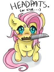Size: 2048x2732 | Tagged: safe, artist:kittygutzzart, derpibooru import, fluttershy, pegasus, pony, :3, beanbrows, eyebrows, head pat, heart, heart eyes, image, knife, looking at you, looking up, looking up at you, mouth hold, pat, pet request, png, simple background, solo, talking to viewer, white background, wingding eyes
