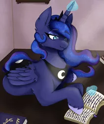 Size: 2205x2617 | Tagged: safe, artist:kittygutzzart, derpibooru import, princess luna, alicorn, pony, book, eyebrows, eyebrows visible through hair, image, lying down, magic, png, reading, solo, telekinesis