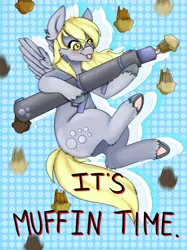 Size: 2048x2732 | Tagged: safe, artist:kittygutzzart, derpibooru import, derpy hooves, pegasus, pony, :p, derp, eyebrows, eyebrows visible through hair, food, image, muffin, muffin launcher, png, recoilless rifle, solo, tongue out, underhoof