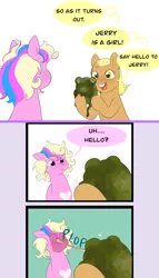Size: 1898x3323 | Tagged: safe, artist:aztrial, derpibooru import, oc, oc:bitterroot rose, oc:primp, unofficial characters only, earth pony, frog, pony, bucktooth, comic, dialogue, duo, female, filly, foal, image, magical lesbian spawn, offspring, parent:applejack, parent:princess cadance, parent:rarity, parent:shining armor, parents:rarijack, parents:shiningcadance, pet oc, png, speech bubble