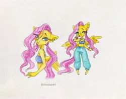 Size: 2982x2352 | Tagged: safe, artist:cloud-up, derpibooru import, fluttershy, anthro, pegasus, unguligrade anthro, clothes, collar, ear piercing, image, jpeg, pants, piercing, solo, sports bra, sweatpants