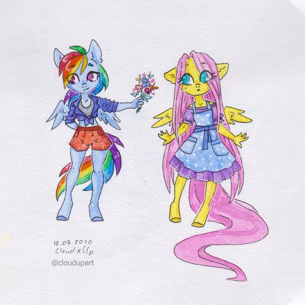 Size: 1200x1200 | Tagged: safe, artist:cloud-up, derpibooru import, fluttershy, rainbow dash, anthro, pegasus, unguligrade anthro, clothes, dress, duo, female, flower, flutterdash, image, jpeg, lesbian, shipping, shorts