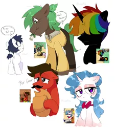 Size: 1368x1519 | Tagged: oc name needed, safe, artist:inkp0ne, derpibooru import, oc, oc:michel tusche, unofficial characters only, alicorn, earth pony, pony, unicorn, pony town, alicorn oc, black coat, blue mane, blue tail, blushing, bowtie, brown coat, brown mane, clothes, covered eyes, crying, ears, ears up, earth pony oc, glasses, green mane, green tail, hat, horn, image, multicolored hair, png, rainbow hair, random pony, red coat, screencap reference, simple background, spanish text, speech bubble, sweater, tail, teary eyes, unicorn oc, white background, white coat, wings