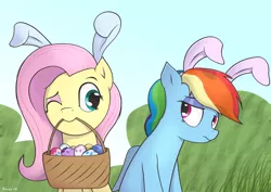 Size: 1754x1240 | Tagged: safe, alternate version, artist:wonkysole, derpibooru import, fluttershy, rainbow dash, pegasus, pony, bunny ears, duo, easter, easter egg, holiday, image, one eye closed, png