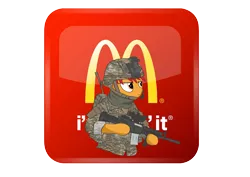 Size: 4961x3508 | Tagged: safe, artist:wonkysole, derpibooru import, oc, oc:matchstick, unofficial characters only, pony, ar15, clothes, gun, high res, image, mcdonald's, png, rifle, solo, uniform, weapon