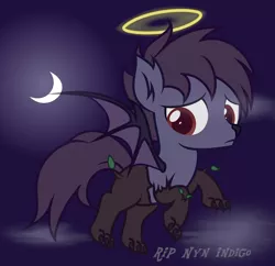Size: 3530x3420 | Tagged: safe, artist:strategypony, derpibooru import, oc, oc:nyn indigo, unofficial characters only, bat pony, hybrid, original species, pony, timber pony, timber wolf, background, bat wings, dead, flying, foal, halo, image, male, moon, night, png, rest in peace, species swap, text, tribute, wings
