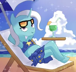 Size: 1489x1408 | Tagged: safe, artist:forest0816, derpibooru import, trixie, pony, unicorn, beach, clothes, cloud, drink, drinking straw, female, food, glass, horn, image, jpeg, lemon, looking at you, mare, outdoors, sarong, sky, solo, sparkles, stars, sunglasses, swimsuit, umbrella