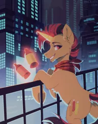 Size: 1356x1704 | Tagged: oc name needed, safe, artist:trickate, derpibooru import, oc, unofficial characters only, pony, unicorn, bandana, city, image, looking at you, male, png, solo, stallion