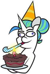 Size: 3900x5707 | Tagged: safe, artist:threetwotwo32232, derpibooru import, oc, oc:alumx, unofficial characters only, pony, unicorn, birthday cake, cake, candle, food, hat, image, male, party hat, party horn, png, simple background, solo, stallion, transparent background