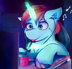 Size: 1813x1735 | Tagged: safe, artist:legionsunite, derpibooru import, oc, unofficial characters only, pony, unicorn, :p, chair, computer, drawing, drawing tablet, earbuds, gaming chair, image, jpeg, magic, music notes, night, office chair, rubik's cube, tablet, tongue out