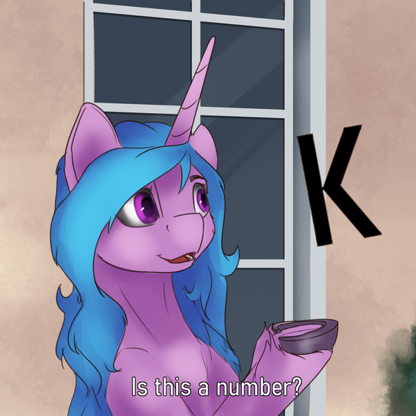 Size: 2000x2000 | Tagged: safe, artist:tenebrisnoctus, derpibooru import, izzy moonbow, pony, unicorn, female, g5, high res, image, is this a pigeon, k, letter, mare, meme, png, solo, underhoof